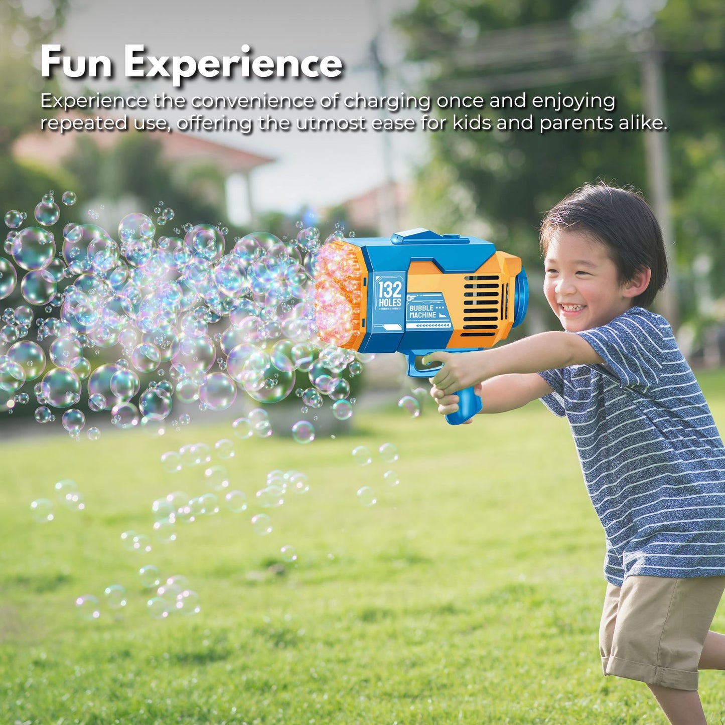 GOMINIMO 132 Holes Rechargeable Bubbles Machine Gun for Kids (Orange and Blue)