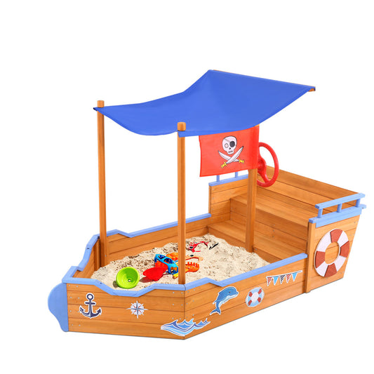 Keezi Kids Sandpit Wooden Boat Sand Pit with Canopy Bench Seat Beach Toys 165cm