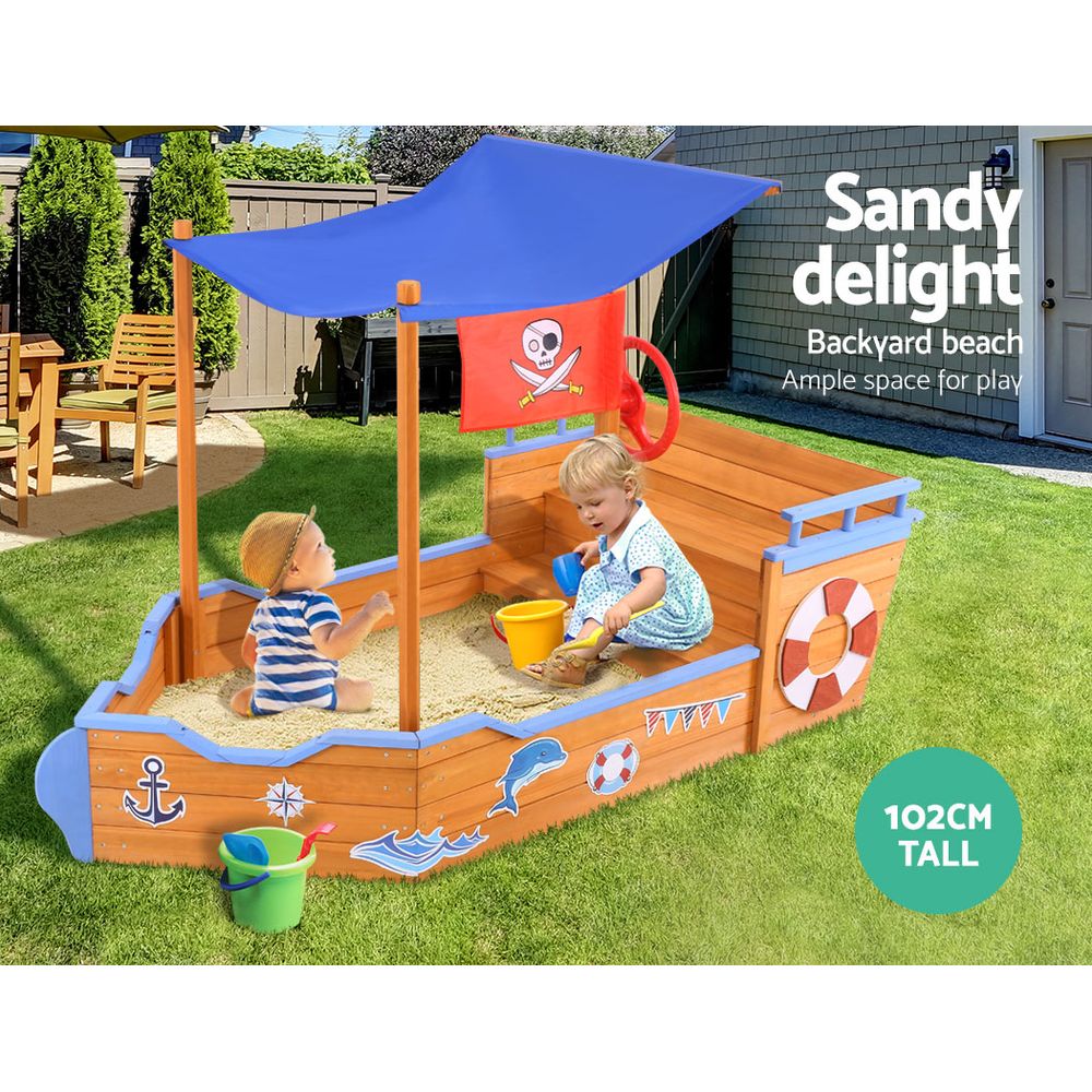 Keezi Kids Sandpit Wooden Boat Sand Pit with Canopy Bench Seat Beach Toys 165cm